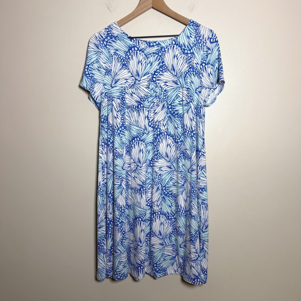 Talbots Womens Rayon Knit T-Shirt Dress M Blue Butterfly Wing Coastal Summer